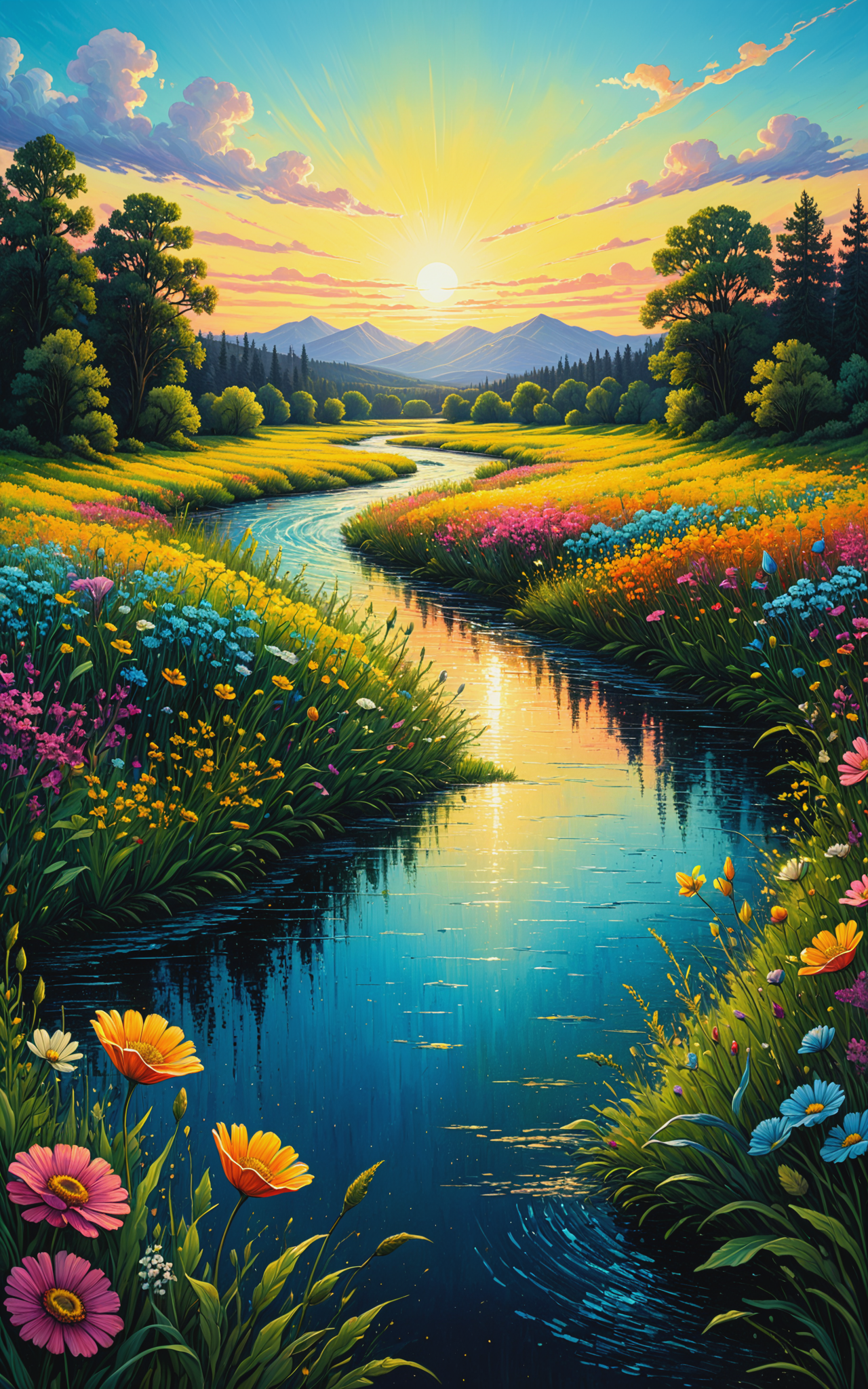 10618-1658237678-A bright colorful painting depicting a calm, quiet river running through a meadow with beautiful flowers, a sky with clouds illu.png